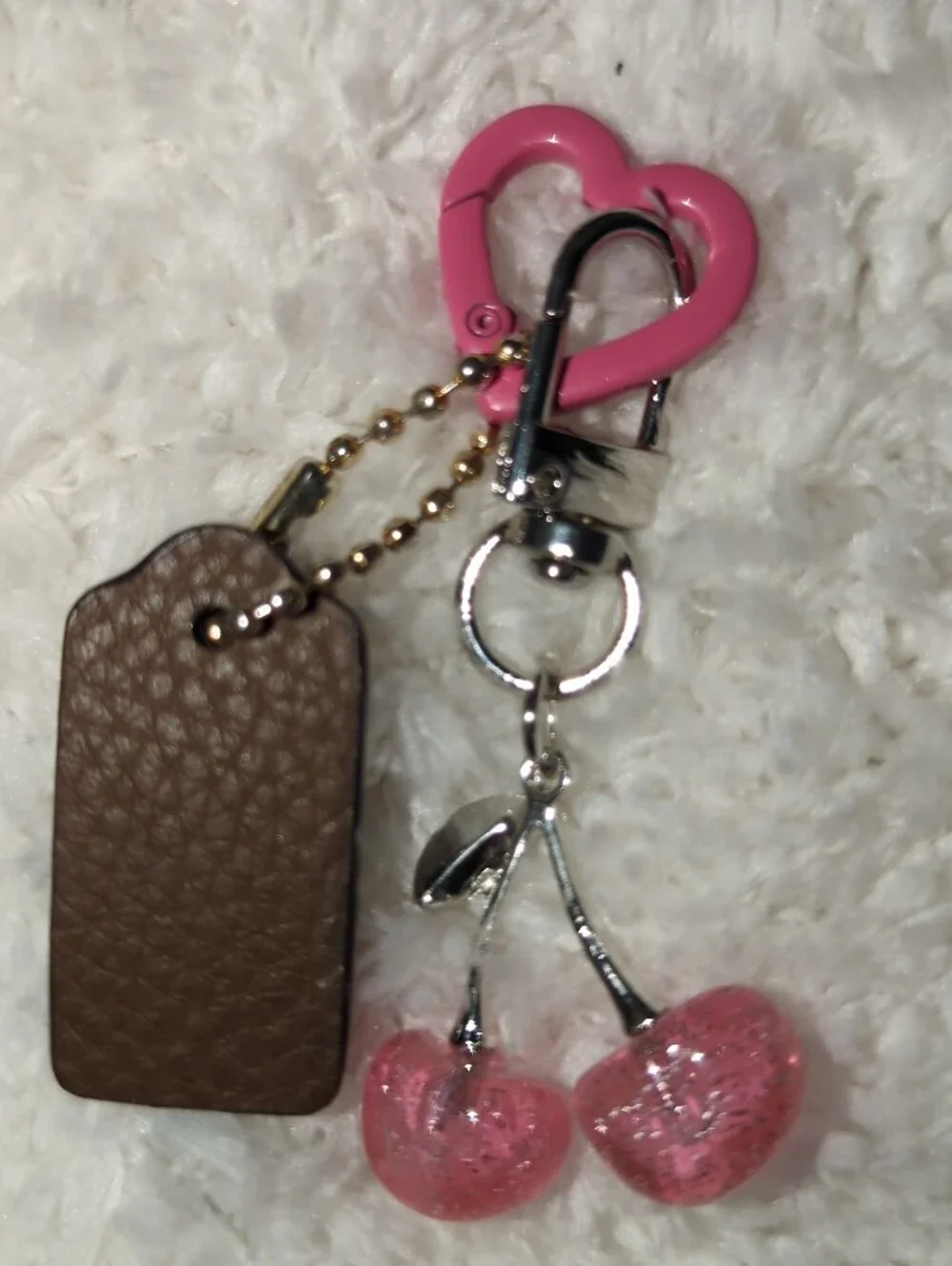 Coach Brown Leather Mini Hangtag Bag Charm With Unbranded Pink Heart + Cherry